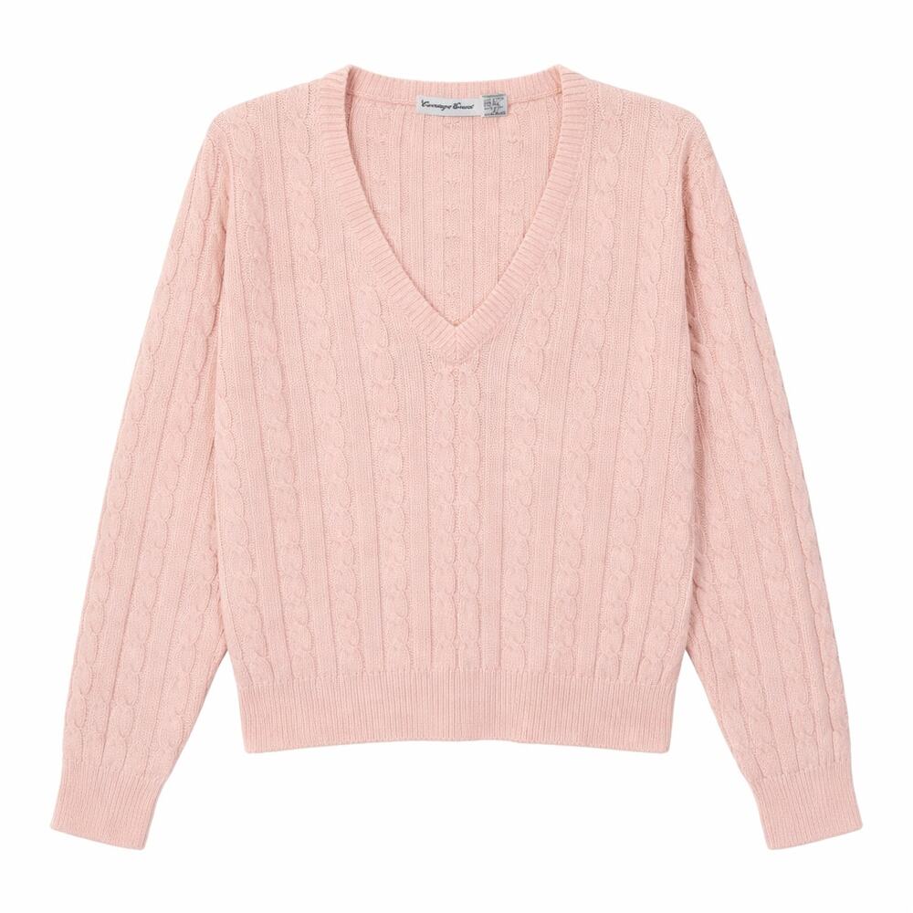 VTG Carriage Court Sweater Womens Small Pink V-Neck Cable Knit Pullover Preppy